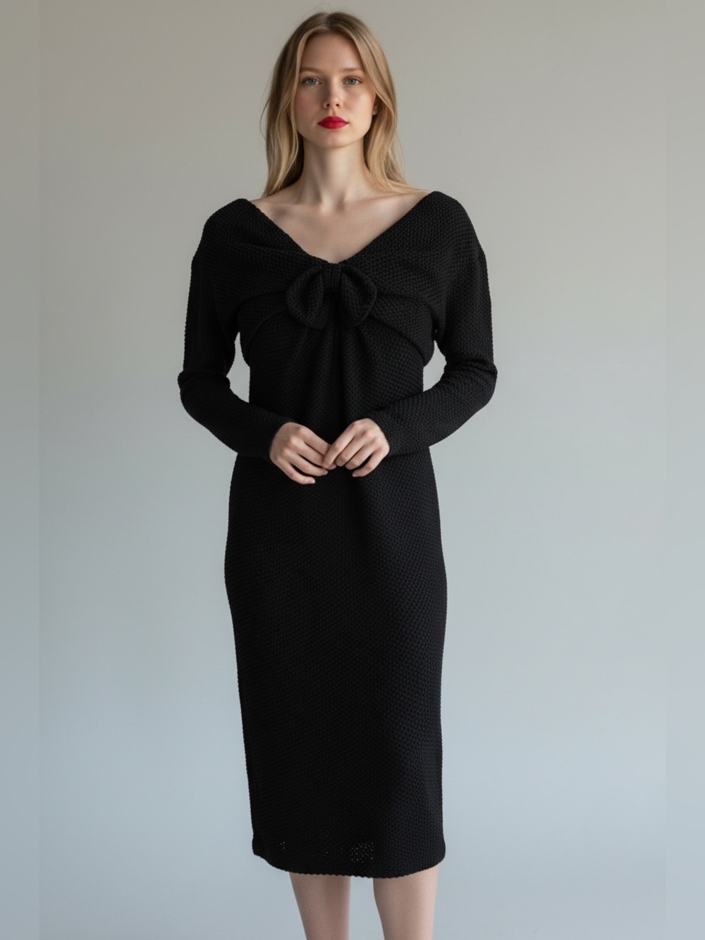 CHANEL Black Long-Sleeve Bow-Front Knit Midi Dress